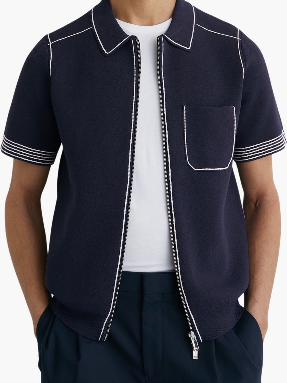 Reiss Navy Short-Sleeve Zip-Up Sweater with White Piping